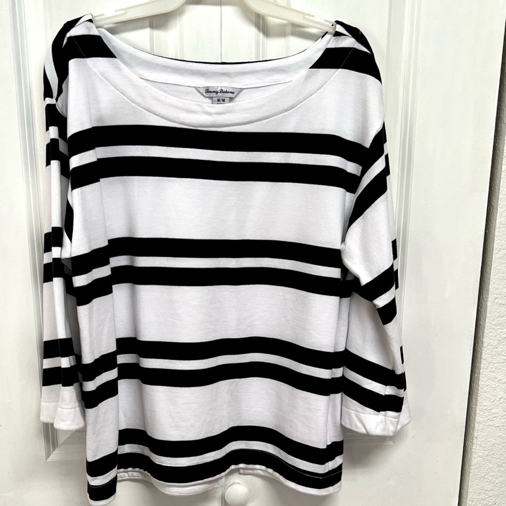 Tommy Bahama Black and White Striped Boat Neck Mid Sleeve Top Size M
